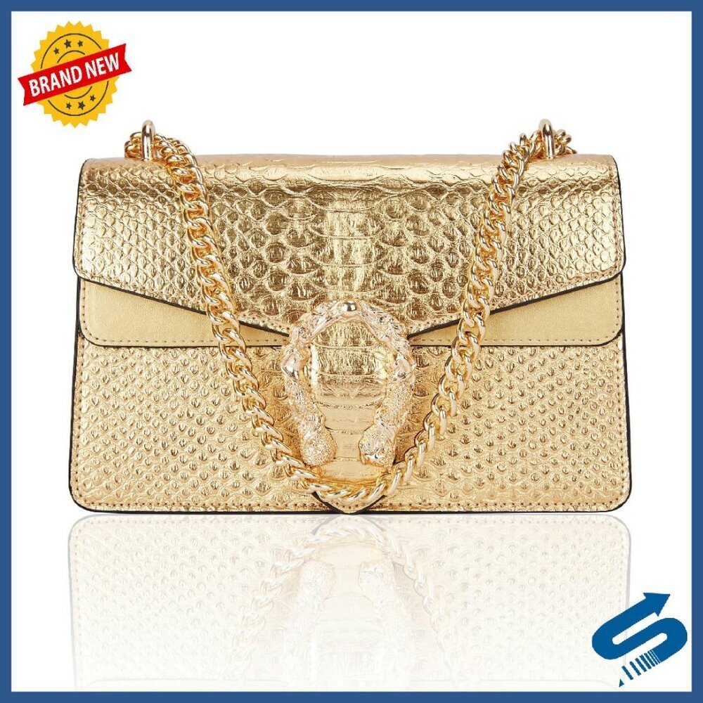 Snake Print PU Leather Crossbody Satchel with Chain Strap, 8.9"